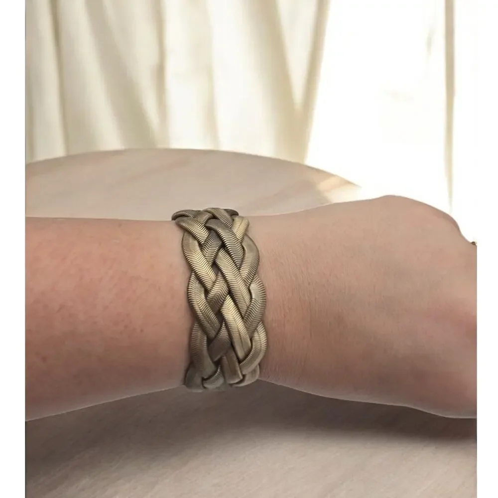 Woven Gold Tone Herringbone Bracelet Sculptural Statement Quiet Luxury